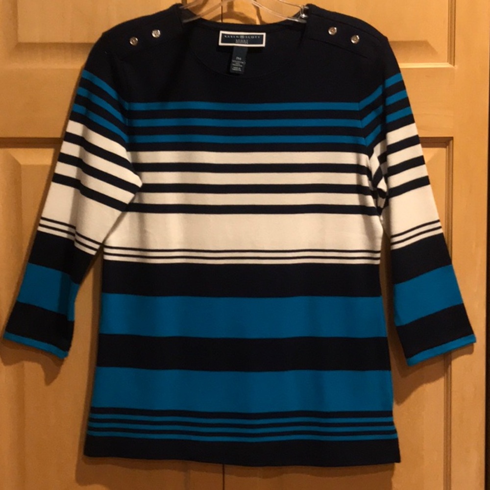 NWOT Karen Scott Blue and White Crew Neck Striped Casual Top